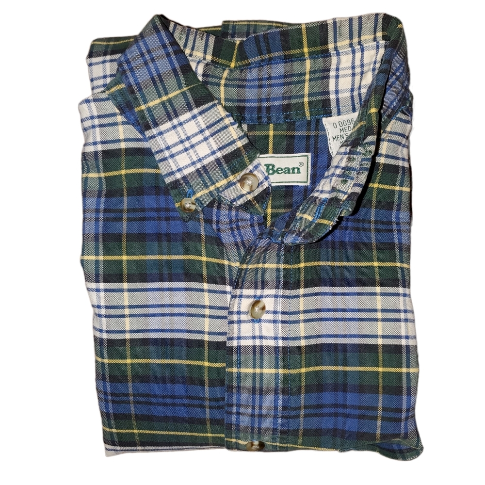 Vintage LL Bean Plaid Button Down Dress Shirt Blue Green Yellow Mens Medium